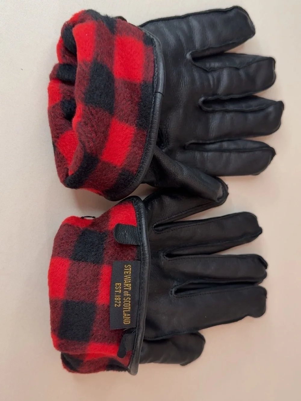 Stewart of Scotland Leather Winter Gloves Red Black Plaid Size M